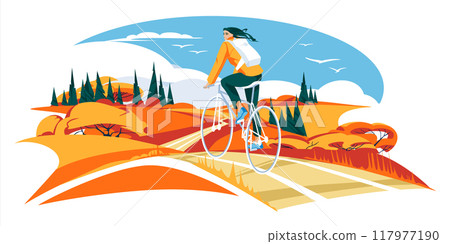 a girl cyclist on an autumn field. The landscape of the horizon of the season. Eco transport. Vector flat illustration 117977190