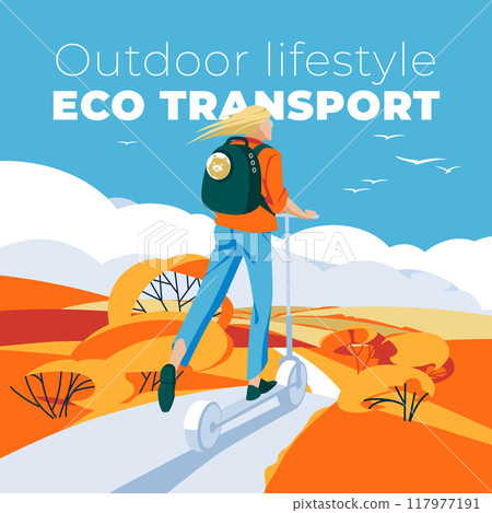 girl on a scooter in an autumn valley. Season hill landscape with nature horizon. Eco transport. Vector flat illustration 117977191