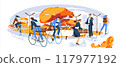 People on ecological transport in the city park. Bicycles, electric scooters. Autumn season. Urban flat vector illustration 117977192