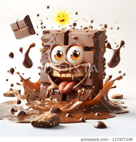 A playful chocolate bar splashes in melted chocolate with a cartoon sun in a delightful dessert setting 117977196