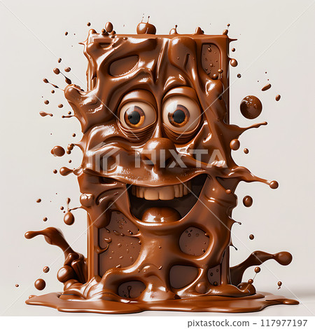 A playful chocolate bar splashes in melted chocolate with a cartoon sun in a delightful dessert setting 117977197