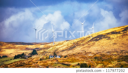 A landscape with rolling hills features numerous wind turbines and a small house. The sky is filled with fluffy, white clouds. 117977202
