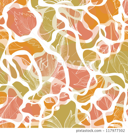 Floral leaves autumnal seamless pattern. Flowing organic shape foliage texture. Flourish nature garden drawing. Fall leaves Seasonal Nature background. Floral leaves autumnal seamless pattern. Flowing organic shape foliage texture. Flourish nature garden drawing. Fall leaves Seasonal Nature background. 117977302