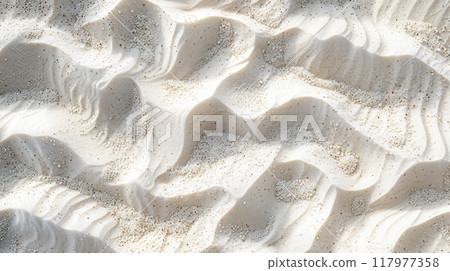 Top view abstract background with beautiful intricate texture sandy pattern of waves and ripples, close up banner with white desert sand, backdrop for design or web 117977358