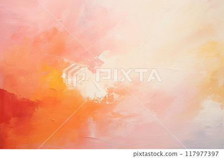 Abstract background peach and white color gradient in pastel light orange, textured with acrylic paint splatters and brushstrokes on canvas, backdrop for design 117977397
