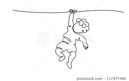Child have fun hanging on branch. Playground. Kid weighs on rings upside down Child have fun hanging on branch. Playground. Kid weighs on rings upside down 117977466