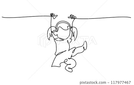 Child have fun hanging on branch. Playground. Kid weighs on rings upside down Child have fun hanging on branch. Playground. Kid weighs on rings upside down 117977467