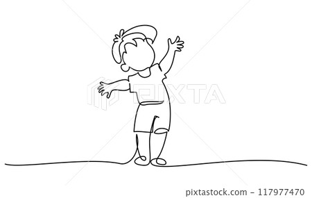 Little cute boy standing. Continuous one line drawing. 117977470
