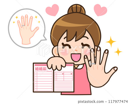 Illustration material of a housewife showing her left hand and rejoicing over her wedding ring and marriage registration Illustration material of a housewife showing her left hand and rejoicing over her wedding ring and marriage registration 117977474