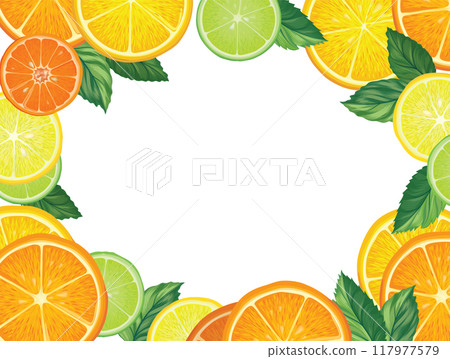 Fruits citrus background. Fresh slice orange, lemon, lime, grapefruit, mandarin peices over white background with leaves. Vector colorful dessert food. Fruits citrus background. Fresh slice orange, lemon, lime, grapefruit, mandarin peices over white background with leaves. Vector colorful dessert food. 117977579