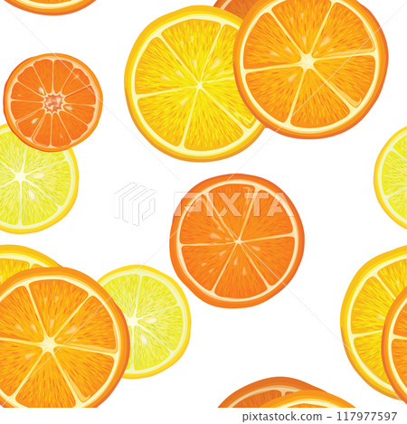 Fruits citrus pattern. Fresh slice orange, lemon, lime, grapefruit, mandarin peices over white background with leaves. Seamless texture. Vector colorful dessert food. Fruits citrus pattern. Fresh slice orange, lemon, lime, grapefruit, mandarin peices over white background with leaves. Seamless texture. Vector colorful dessert food. 117977597