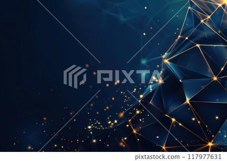 Blue polygonal background with golden lines. Geometric abstract background with triangles. Blue polygonal background with golden lines. Geometric abstract background with triangles. 117977631