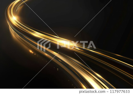 Golden wave with sparkles on dark background. Glowing gold lines. Luxury background. 117977633