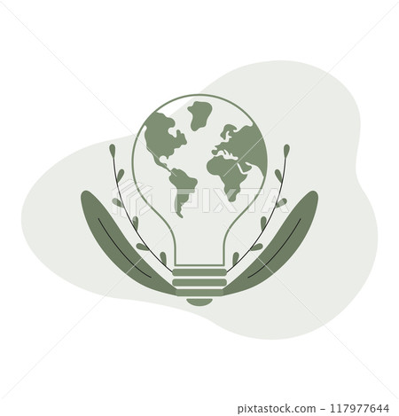 Light bulb with earth design surrounded by leaves on green background 117977644