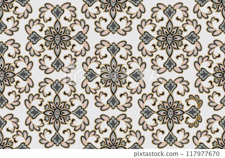Flourish seamless pattern european retro interior decor style. Floral ornament with fantastic flowers and leaves. Flourish seamless pattern european retro interior decor style. Floral ornament with fantastic flowers and leaves. 117977670
