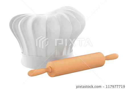 Chef hat with kitchen rolling pin, 3D rendering Chef hat with kitchen rolling pin, 3D rendering 117977719