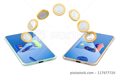 Coins moving between mobile phone for money transfer, electronic transaction concept. 3D rendering Coins moving between mobile phone for money transfer, electronic transaction concept. 3D rendering 117977720