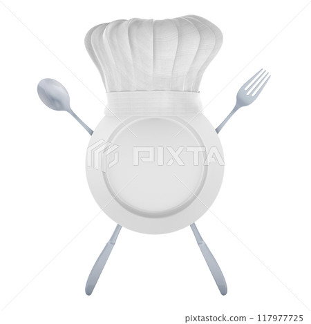 Kitchen chef hat with fork, spoon, plate and knives. 3D rendering 117977725