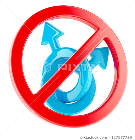 Prohibition symbol with double male symbol. Forbidden of gay couple, relationship. 3D rendering 117977729