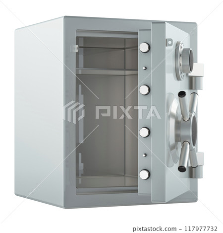 Safe box with combination lock. Opened, empty. 3D rendering Safe box with combination lock. Opened, empty. 3D rendering 117977732