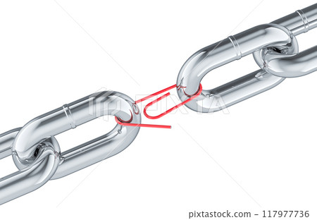 Weak Link, weakest link. Chain with paper clip. 3D rendering 117977736