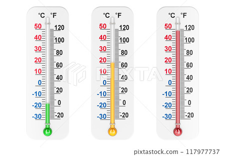 Weather Thermometers. Set of thermometers with cold, warm and hot temperatures. 3D rendering 117977737