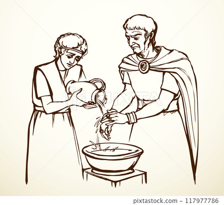 Vector drawing. Pilat washes his gands Vector drawing. Pilat washes his gands 117977786