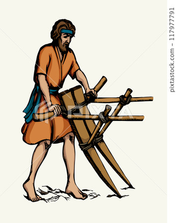 Vector drawing. Man with old wooden plow Vector drawing. Man with old wooden plow 117977791