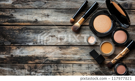 Makeup brush and cosmetics on brown wooden table 117977821