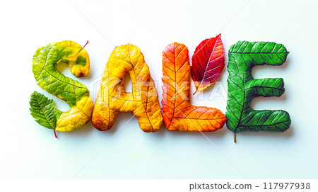 SALE spelled with vibrant autumn leaves in green, yellow, orange, and red on a white background. Autumn Sale Text Formed by Colorful Leaves. Ideal for promoting seasonal sales, discounts, or autumn SALE spelled with vibrant autumn leaves in green, yellow, orange, and red on a white background. Autumn Sale Text Formed by Colorful Leaves. Ideal for promoting seasonal sales, discounts, or autumn 117977938