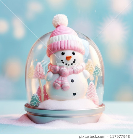 Christmas snow globe with cute snowman. Magical snow globe with Christmas decorations. A wintry scene. Pink Christmas mood. 117977948