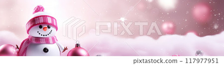 A cute snowman in a knitted hat and scarf. Winter holiday banner for Christmas greetings, announcements or promotional text. Copy space. 117977951