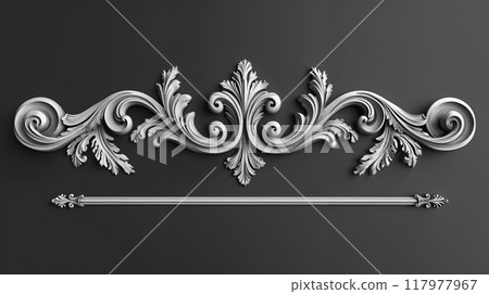 Intricate floral baroque-style bas-relief ornamentation on black background. Set of highly detailed, ornate bas-relief elements featuring floral and leaf motifs 117977967
