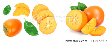 persimmon fruit with slices isolated on white background. Top view. Flat lay pattern 117977984