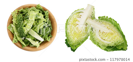 chopped savoy cabbage in wooden bowl isolated on white background with  full depth of field. Top view. Flat lay 117978014