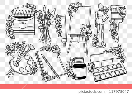 Set for professional artist or creative person who loves to draw pictures. Hand drawn. Set for professional artist or creative person who loves to draw pictures. Hand drawn. 117978047