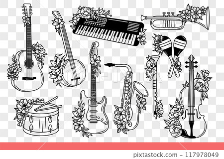 Musical instruments for youth group or orchestra accompanying singer. Hand drawn. 117978049