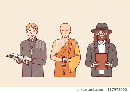 Spiritual leaders from different religious movements, dressed as catholic and buddhist or jewish 117978060