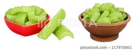 fresh celery in ceramic bowl isolated on white background with full depth of field 117978061