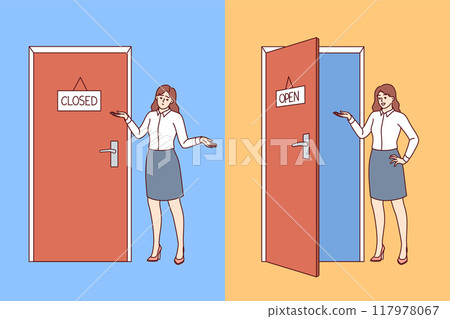Business woman near office door in open and closed state, for concept having place in labor market 117978067