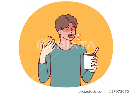 Man tried spicy takeaway from chinese restaurant and is coughing from overabundance of chili peppers 117978070