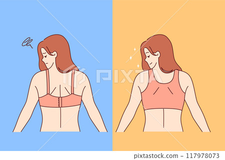 Woman wearing different types of bras compares comfort of underwear, which effect on posture 117978073