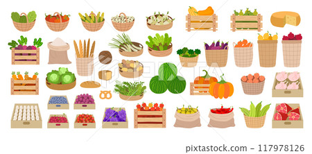 Eco food. Natural fresh farm produce healthy vegetables in baskets fruits meat and milk recent vector template pictures in flat style Eco food. Natural fresh farm produce healthy vegetables in baskets fruits meat and milk recent vector template pictures in flat style 117978126