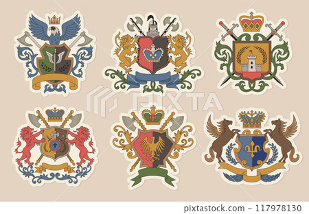 Heraldic badges. Luxury identity elements shield and weapons with ribbons and place for personal text recent vector template collection Heraldic badges. Luxury identity elements shield and weapons with ribbons and place for personal text recent vector template collection 117978130