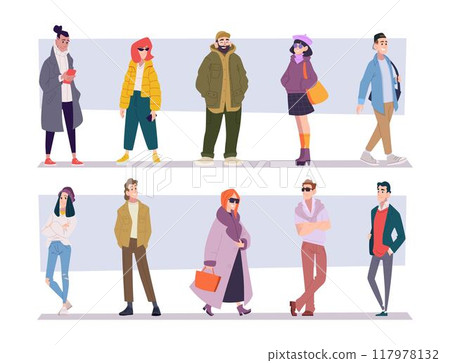 People in clothes. Trendy urban outfits for male and female characters exact vector standing people 117978132