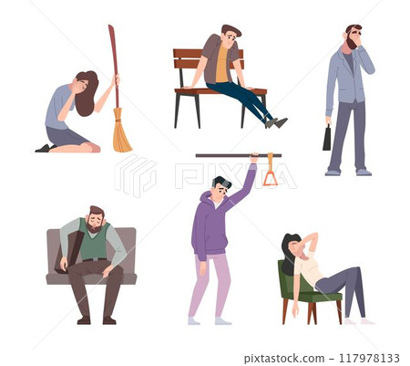 Tired people. Lazy and low energy characters in different poses apathy and overworked person exact vector template set Tired people. Lazy and low energy characters in different poses apathy and overworked person exact vector template set 117978133