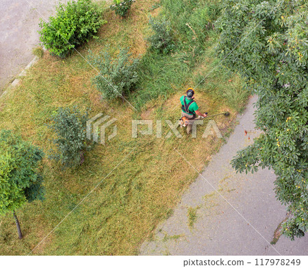 worker mows the grass with a gasoline brushcutter worker mows the grass with a gasoline brushcutter 117978249