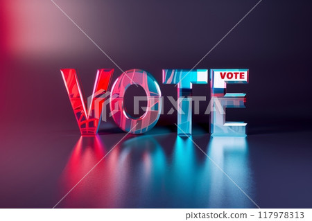 3D Vote 2024 text in red and blue gradient glass. Reflective, bold typography perfect for political campaigns and modern, striking election designs 117978313