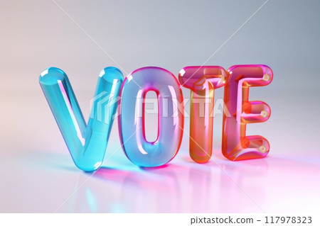 3D Vote text in gradient blue and red glass. Shiny, reflective typography perfect for political campaigns, modern election designs, and digital art visuals 117978323
