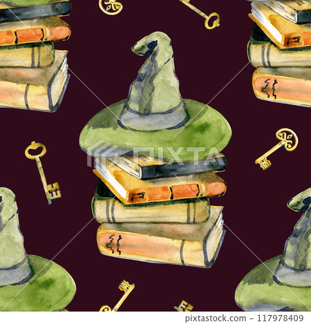 Seamless pattern with books, keys and witch hat in watercolor style. Pattern with stacks of books. Template, wallpaper, pattern for printing in watercolor style 117978409